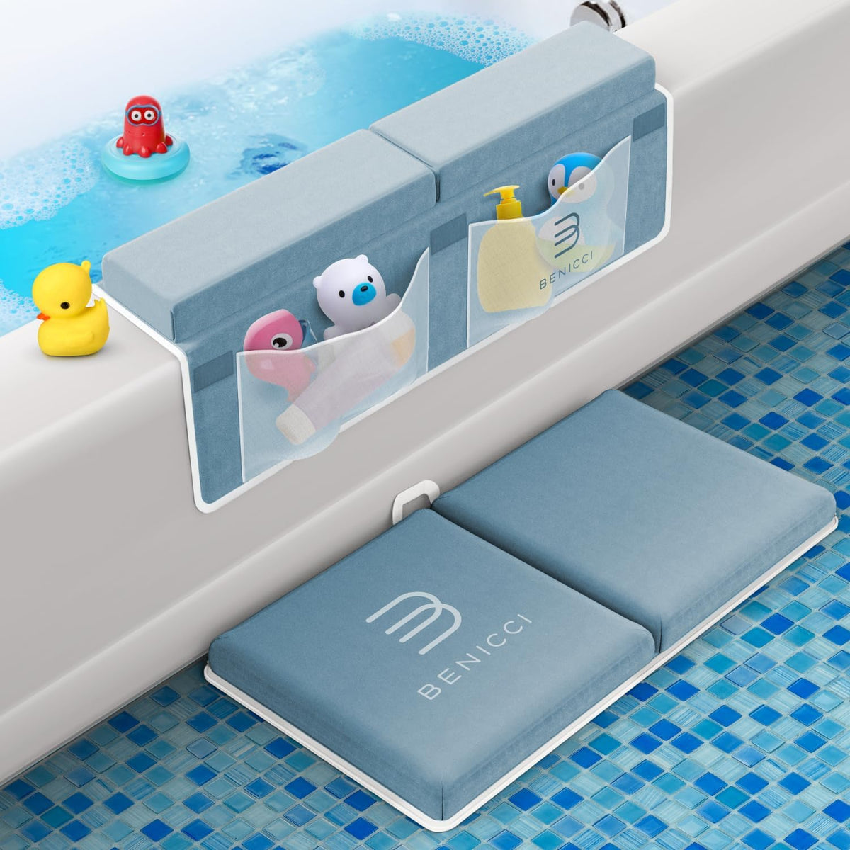 Comfortable Bath Kneeler and Elbow Kneeling Rest Pad for Baby Bathing Parents - Painless Foam Mat with Toy Organizer Pockets - Quick Drying, Foldable